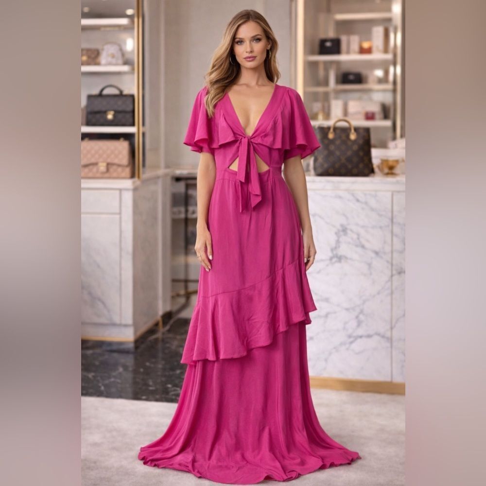Iorane Pink Maxi Dress Open Front Tie Cutout Ruffle Hem NWT $589 Size M